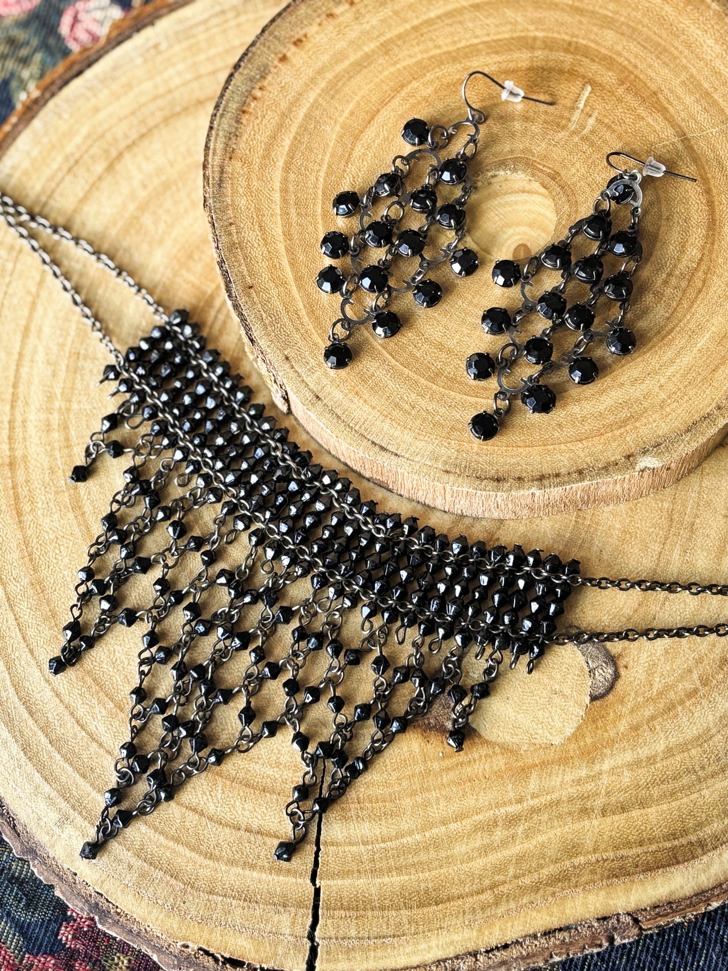 Black Beaded Gothic Statement Choker Necklace & Earring Set