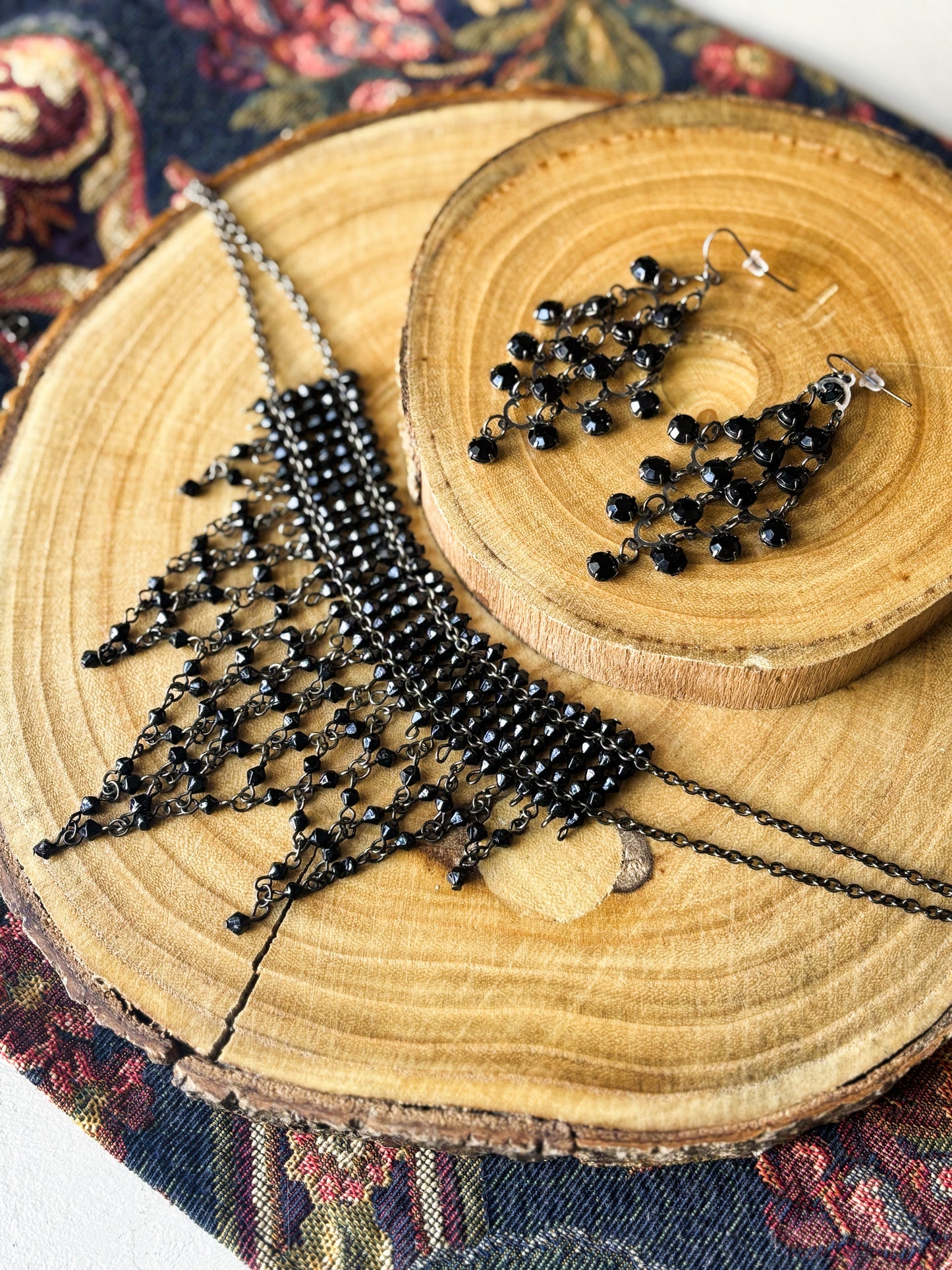 Black Beaded Gothic Statement Choker Necklace & Earring Set