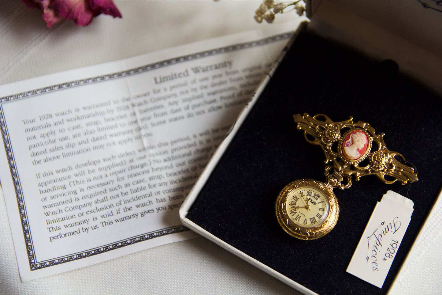 Golden Cameo Pink Timepiece Brooch, "1928"