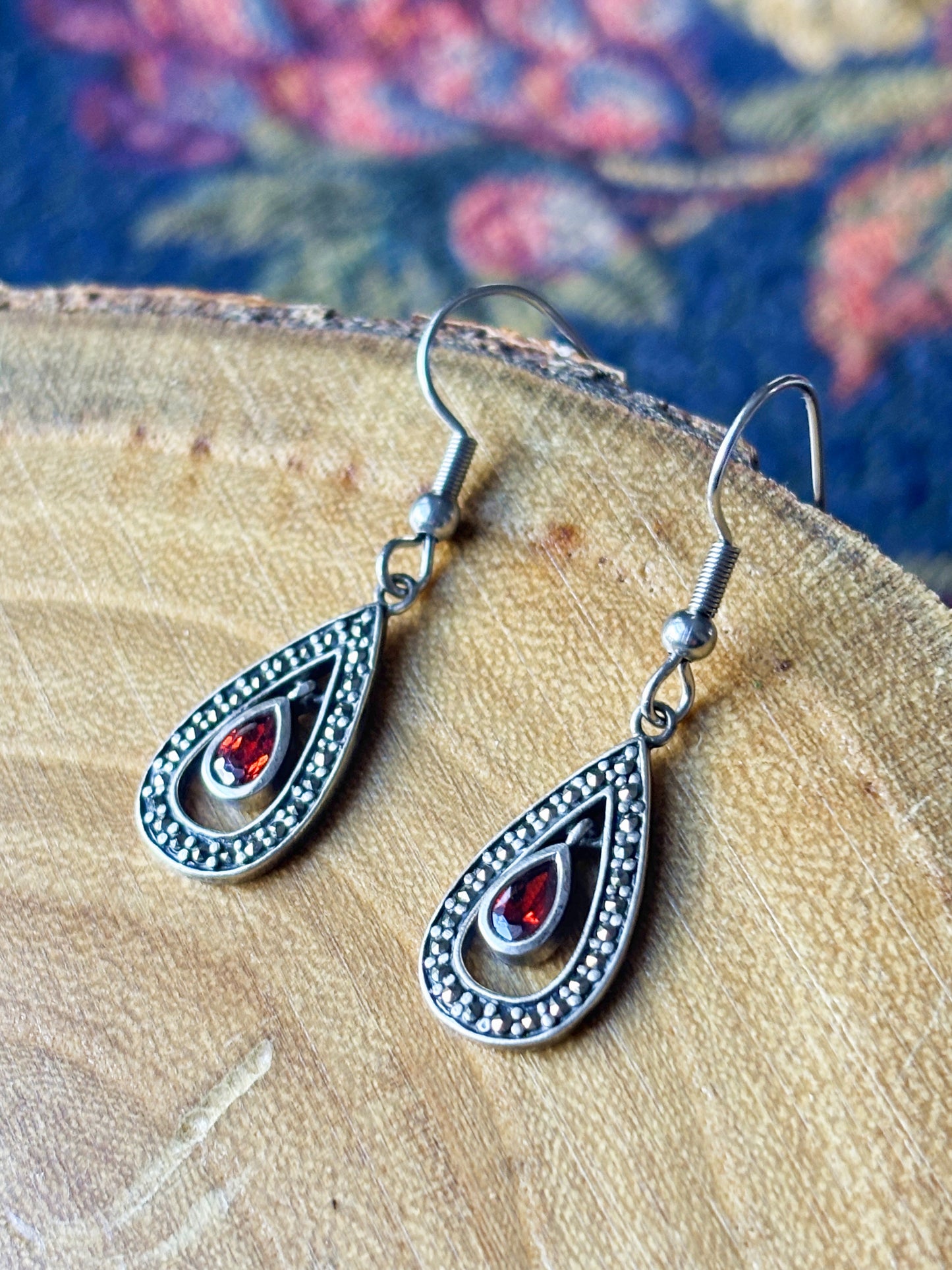 Sterling Silver Garnet Crystal Teardrop Dangle Earrings