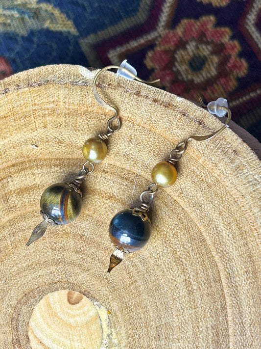 Gold Pearl and Tigers Eye Crystal Dangle Earrings