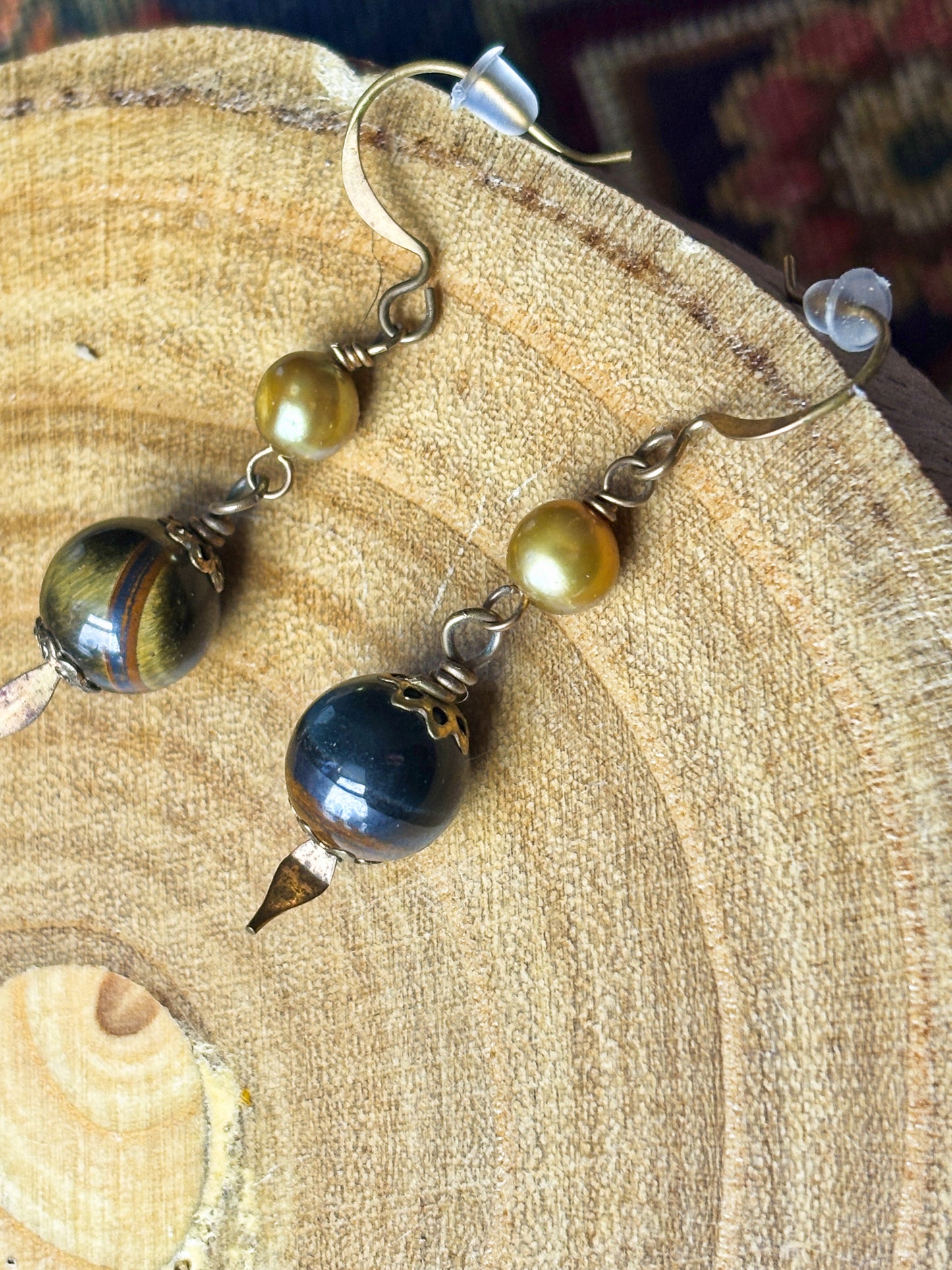 Gold Pearl and Tigers Eye Crystal Dangle Earrings