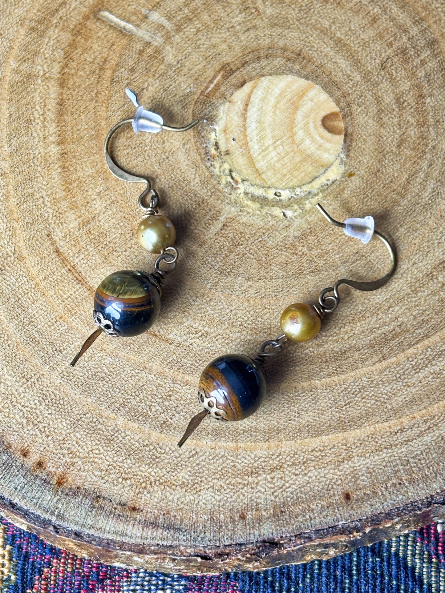 Gold Pearl and Tigers Eye Crystal Dangle Earrings
