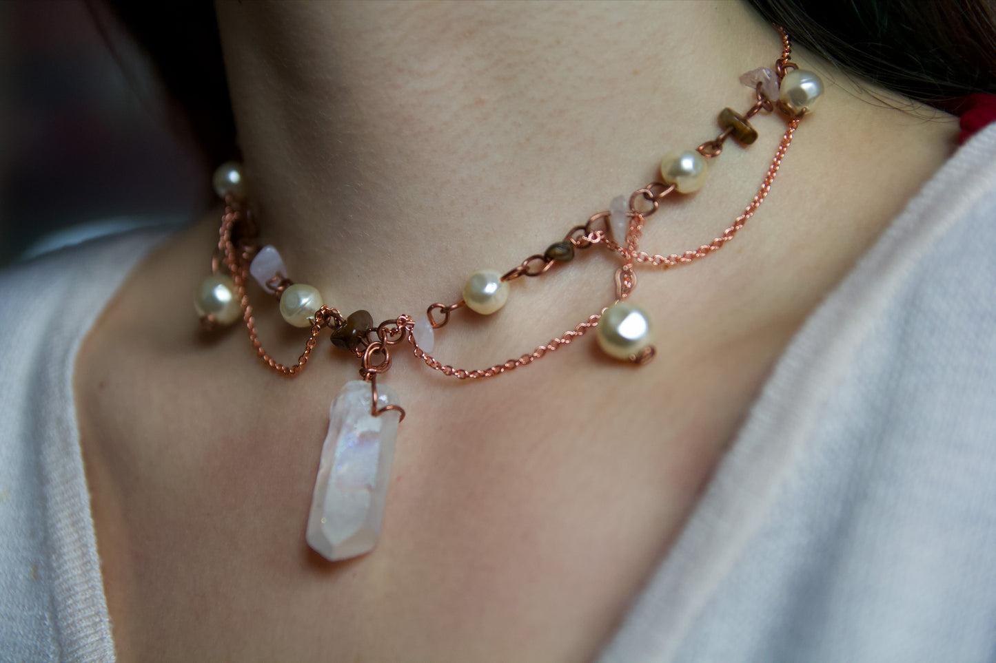 Rose Gold Crystal Point & Pearl Choker Necklace