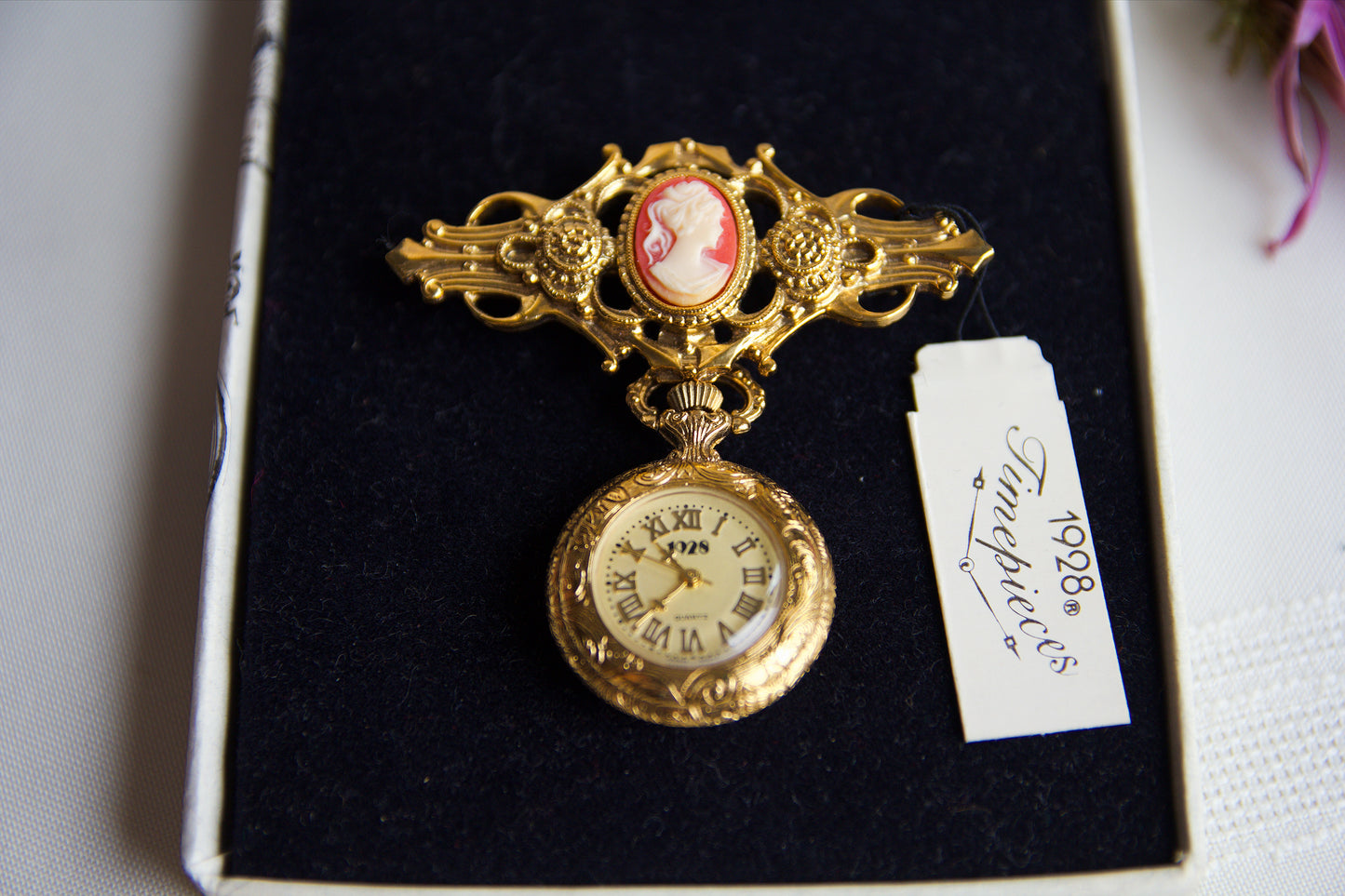 Golden Cameo Pink Timepiece Brooch, "1928"