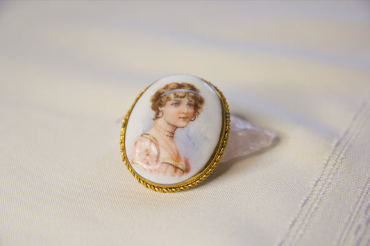 Vintage Painted Female Cameo Portrait Brooch, Pink & Blue Porcelain With Ornate Gold