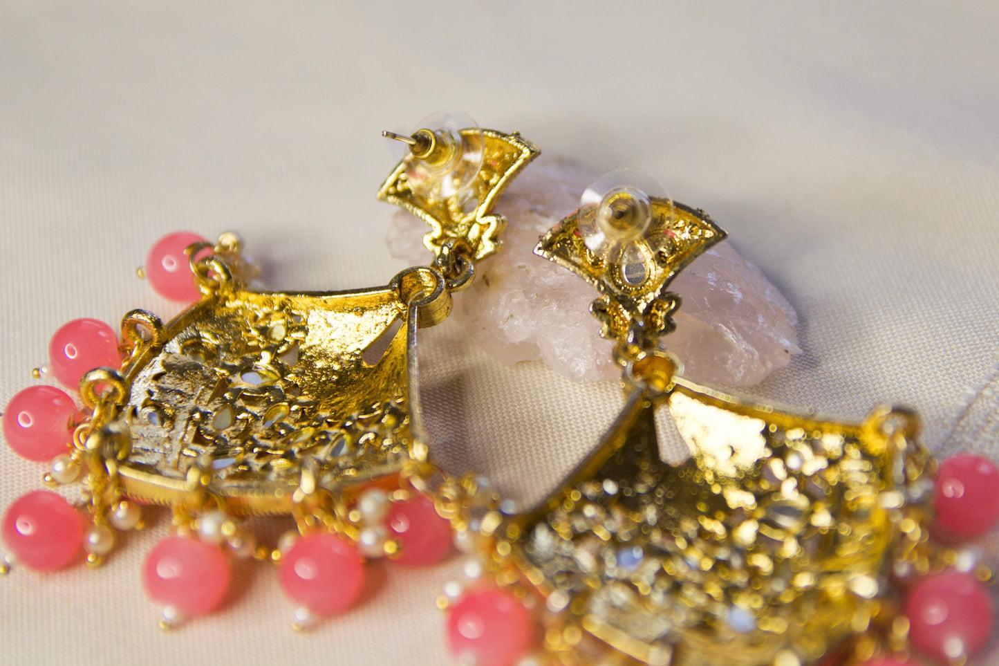 Pink & Gold Beaded Crystal Statement Dangle Earrings
