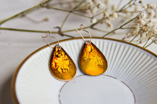 Yellow & Gold Swirled Teardrop Dangle Earrings