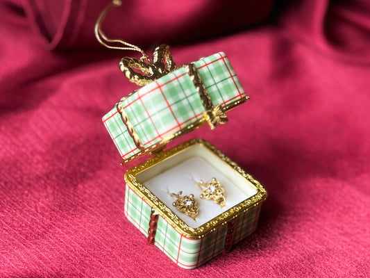 Christmas Present Jewelry Box & Gold Crystal Earrings Set