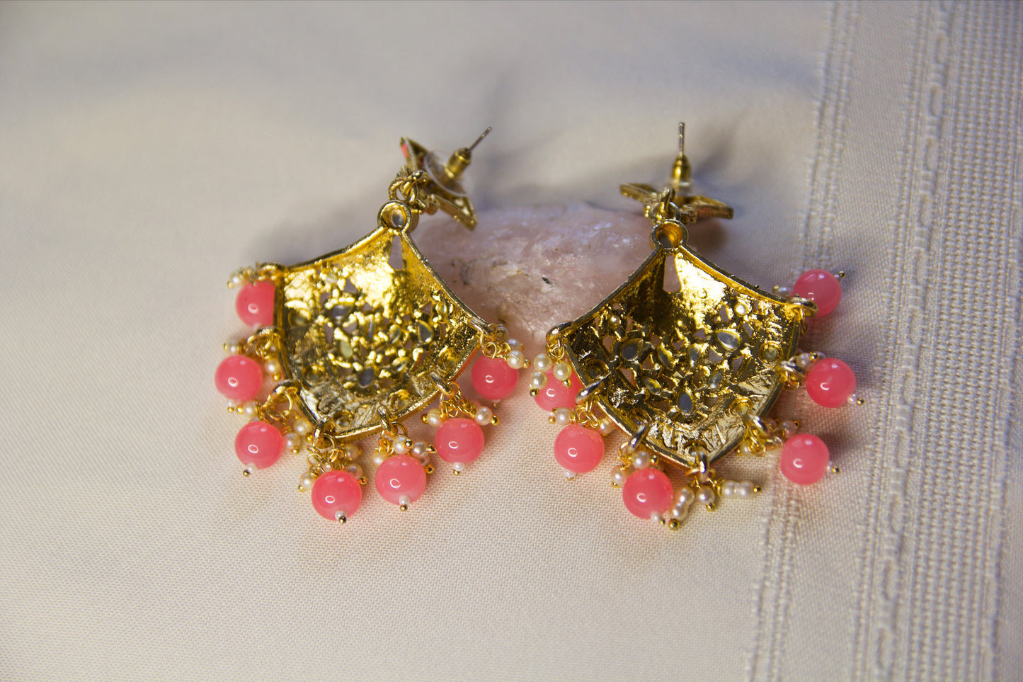 Pink & Gold Beaded Crystal Statement Dangle Earrings