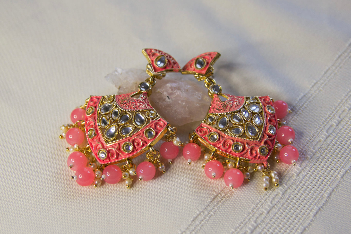 Pink & Gold Beaded Crystal Statement Dangle Earrings