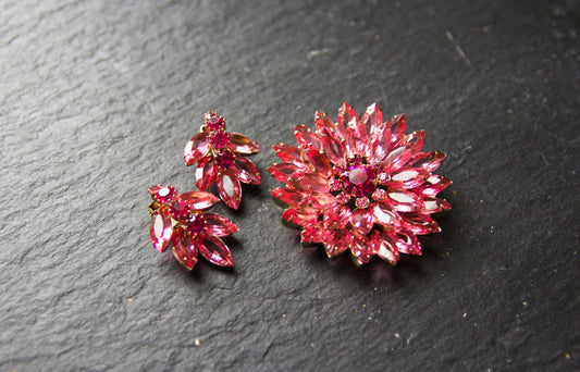 Pink Gemstone Flower Brooch & Earring Set