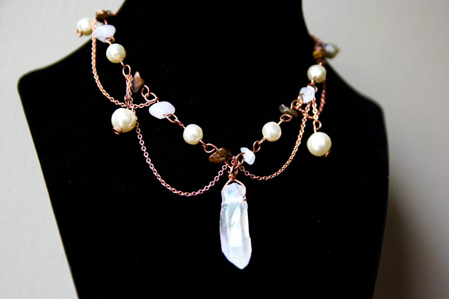 Rose Gold Crystal Point & Pearl Choker Necklace