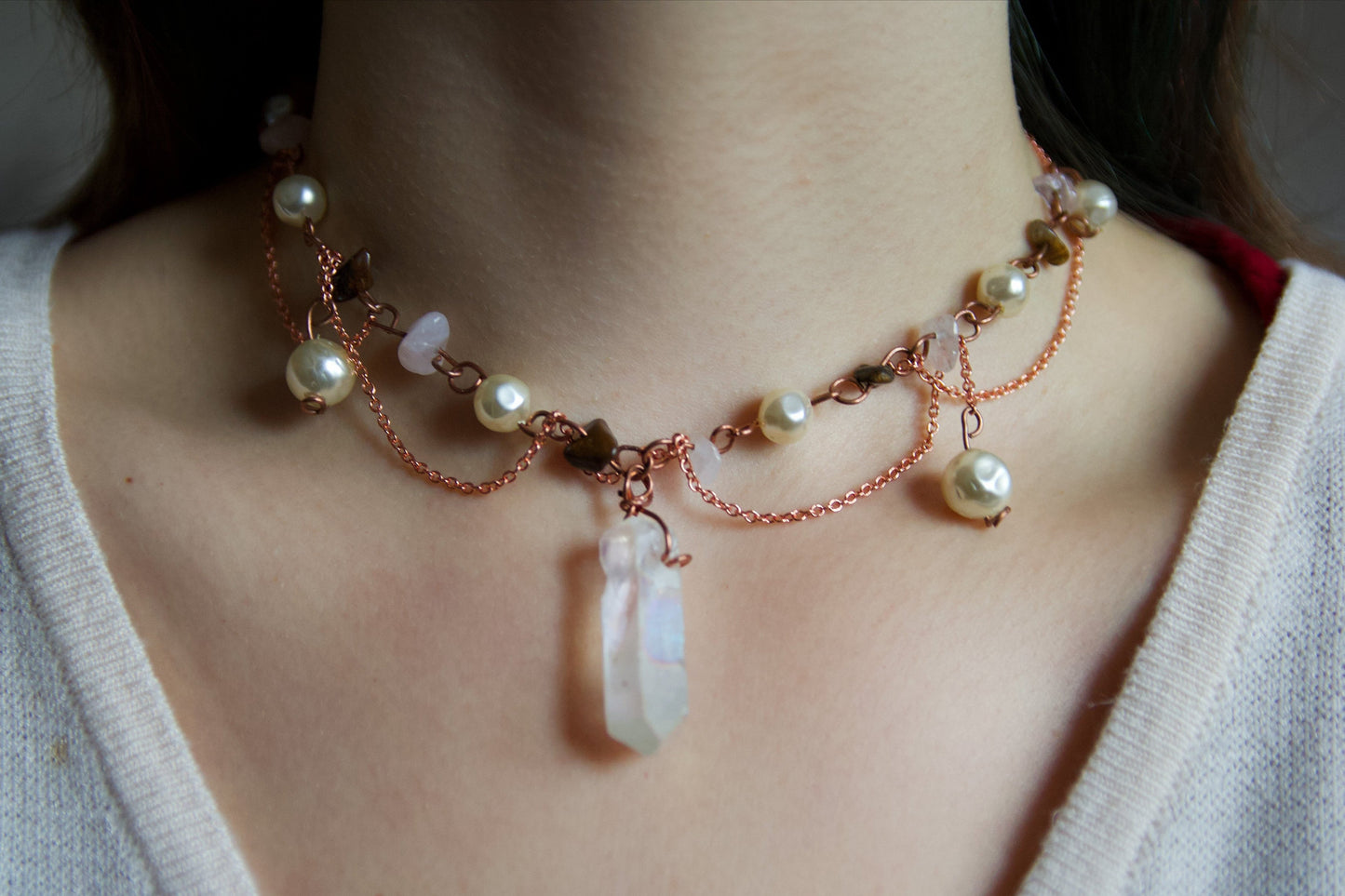 Rose Gold Crystal Point & Pearl Choker Necklace