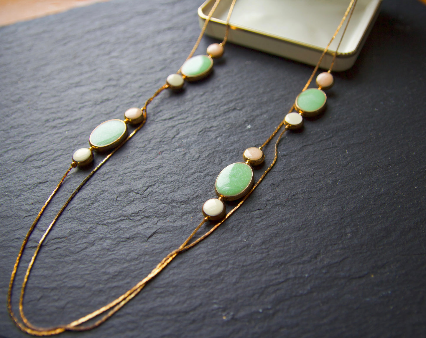 Green Beaded Long Gold Necklace & Case, Vintage