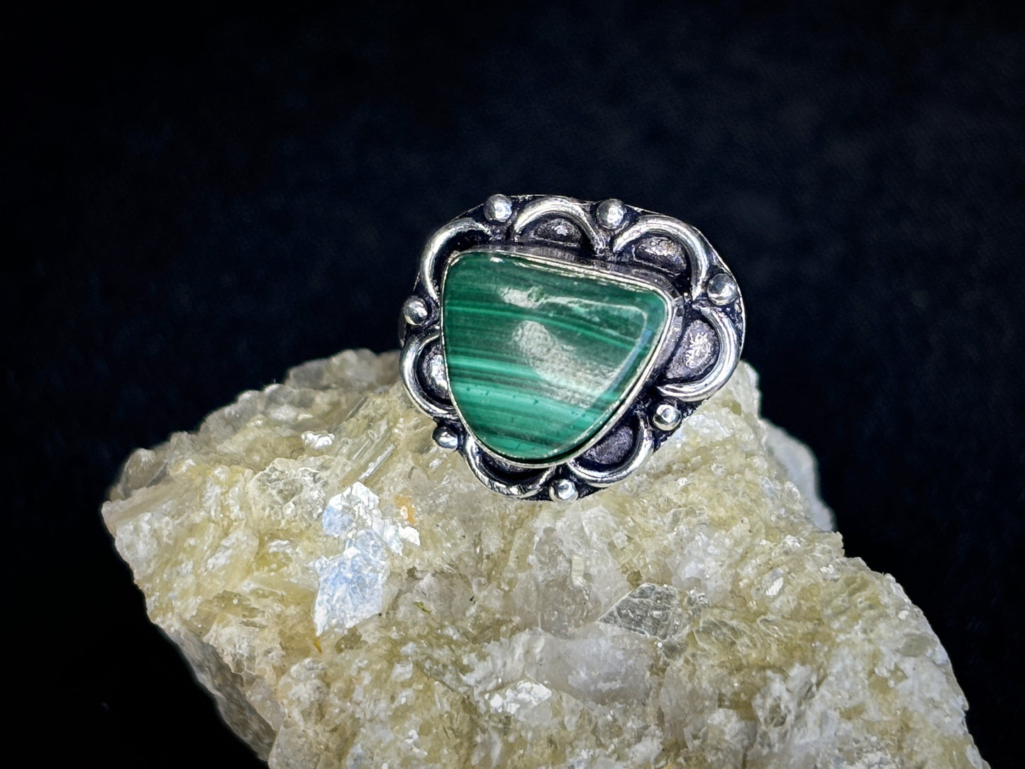 Malachite Sterling Silver Crystal Ring, Size 6