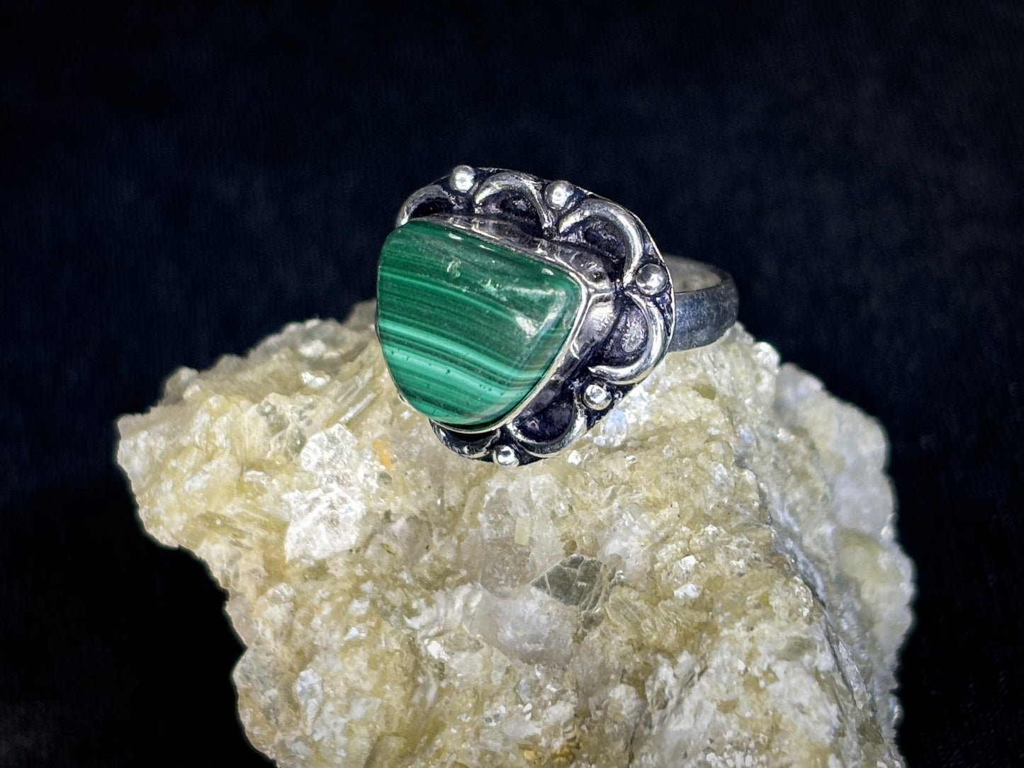 Malachite Sterling Silver Crystal Ring, Size 6