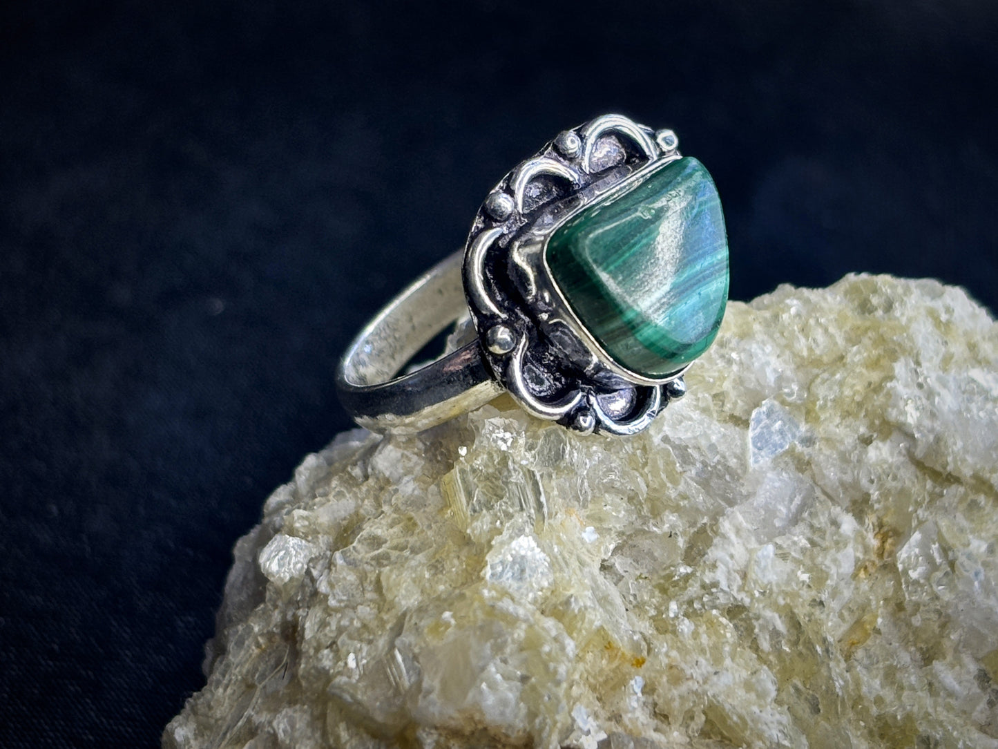 Malachite Sterling Silver Crystal Ring, Size 6