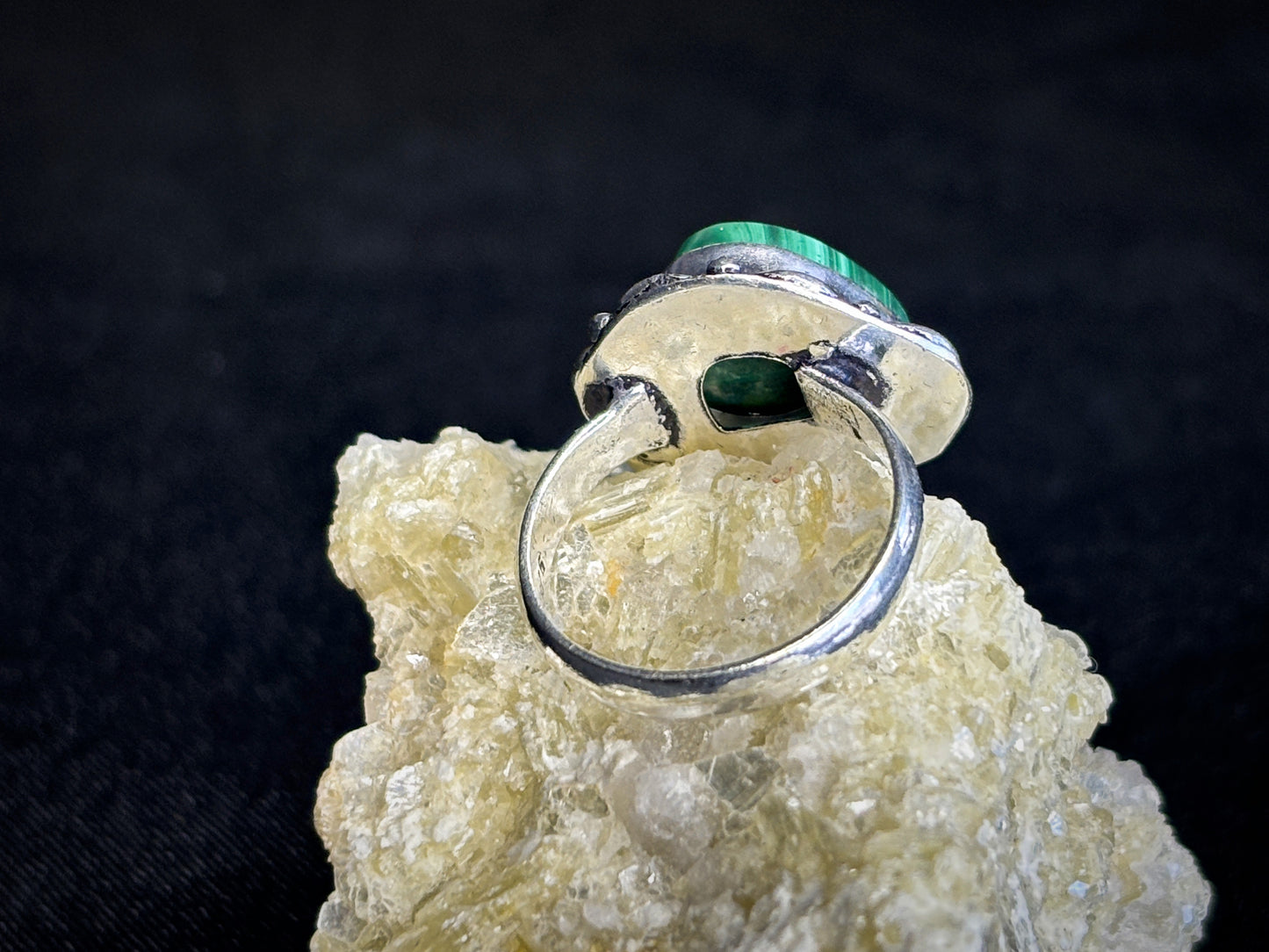 Malachite Sterling Silver Crystal Ring, Size 6