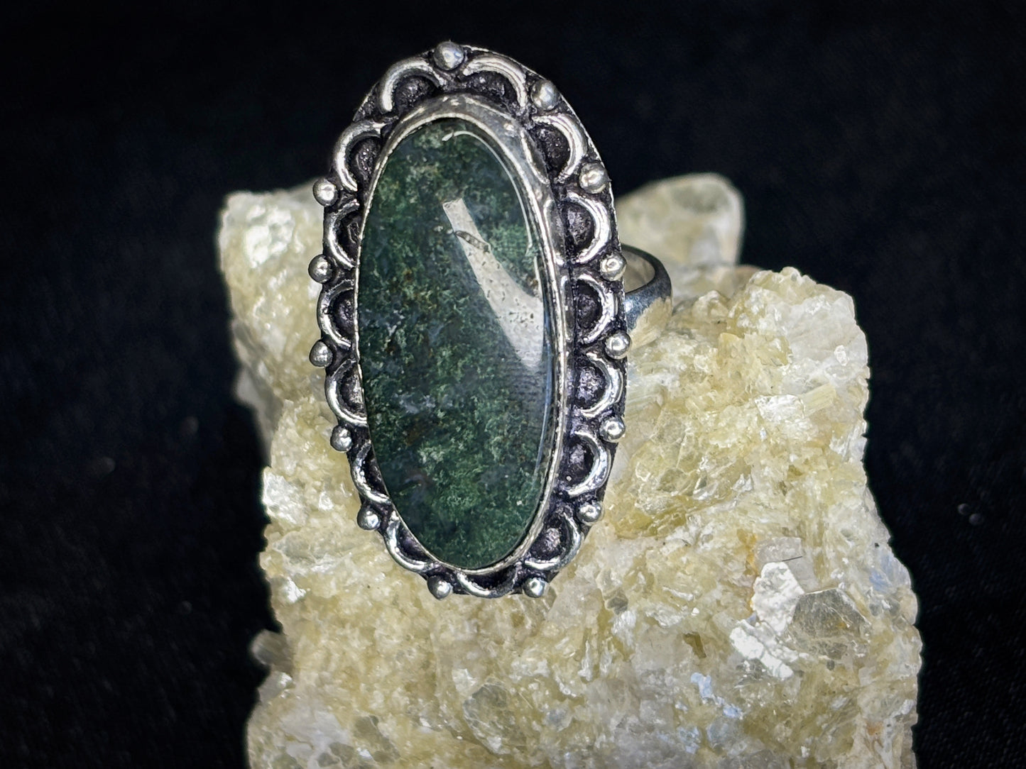 Moss Agate Decorated Oval Sterling Silver Crystal Ring, Size 6