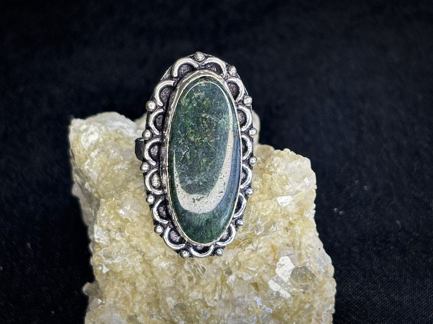 Moss Agate Decorated Oval Sterling Silver Crystal Ring, Size 6