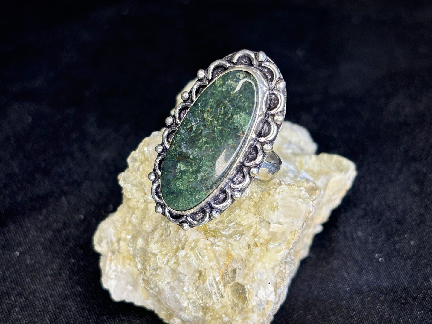 Moss Agate Decorated Oval Sterling Silver Crystal Ring, Size 6