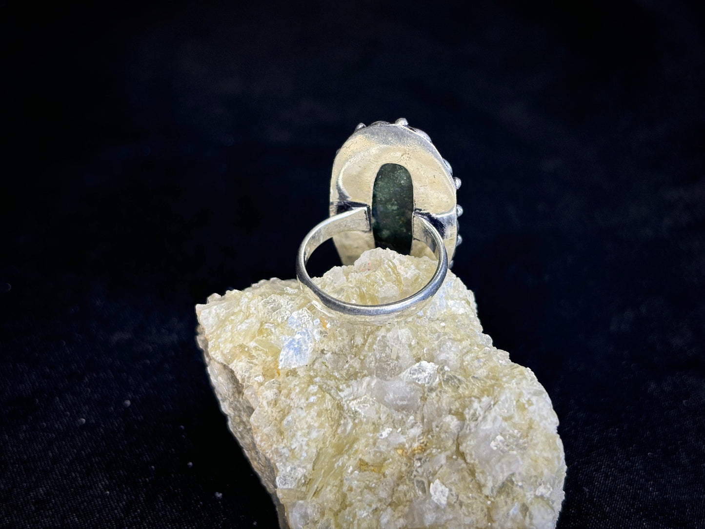 Moss Agate Decorated Oval Sterling Silver Crystal Ring, Size 6