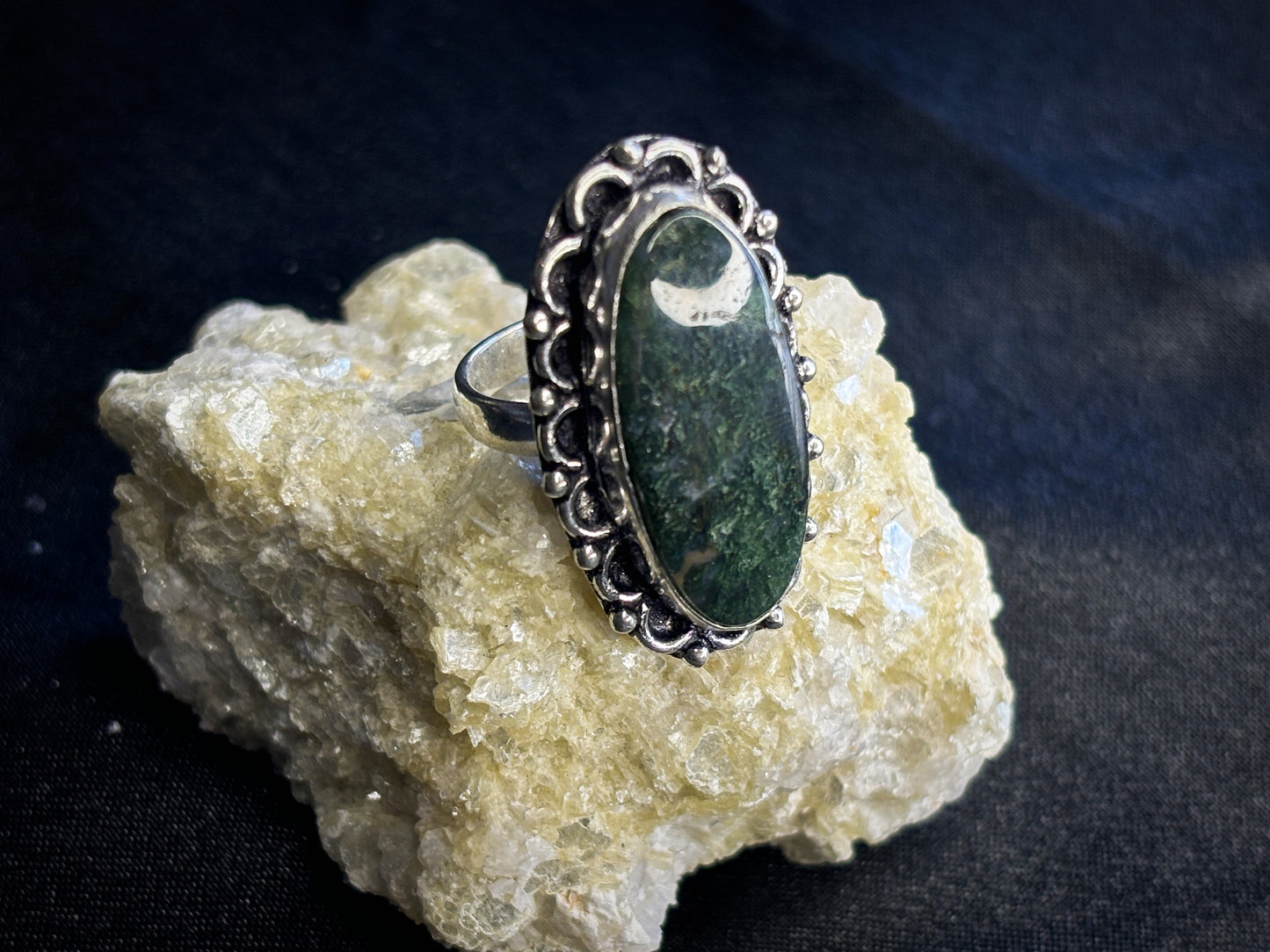 Moss Agate Decorated Oval Sterling Silver Crystal Ring, Size 6