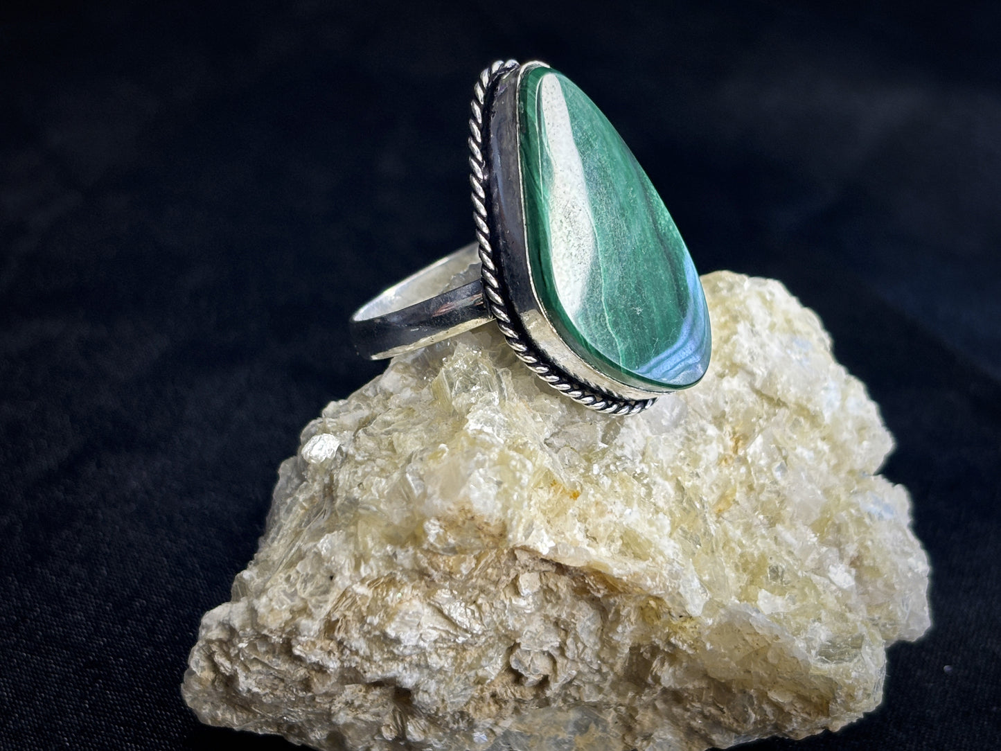 Malachite Sterling Silver Crystal Ring, Size 9