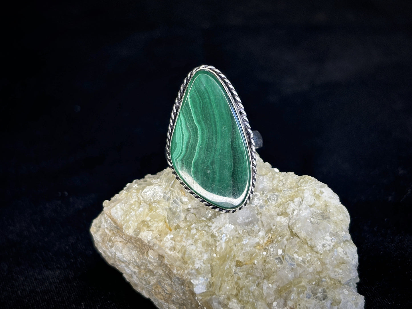 Malachite Sterling Silver Crystal Ring, Size 9