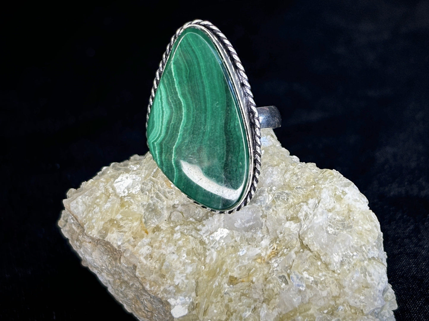 Malachite Sterling Silver Crystal Ring, Size 9