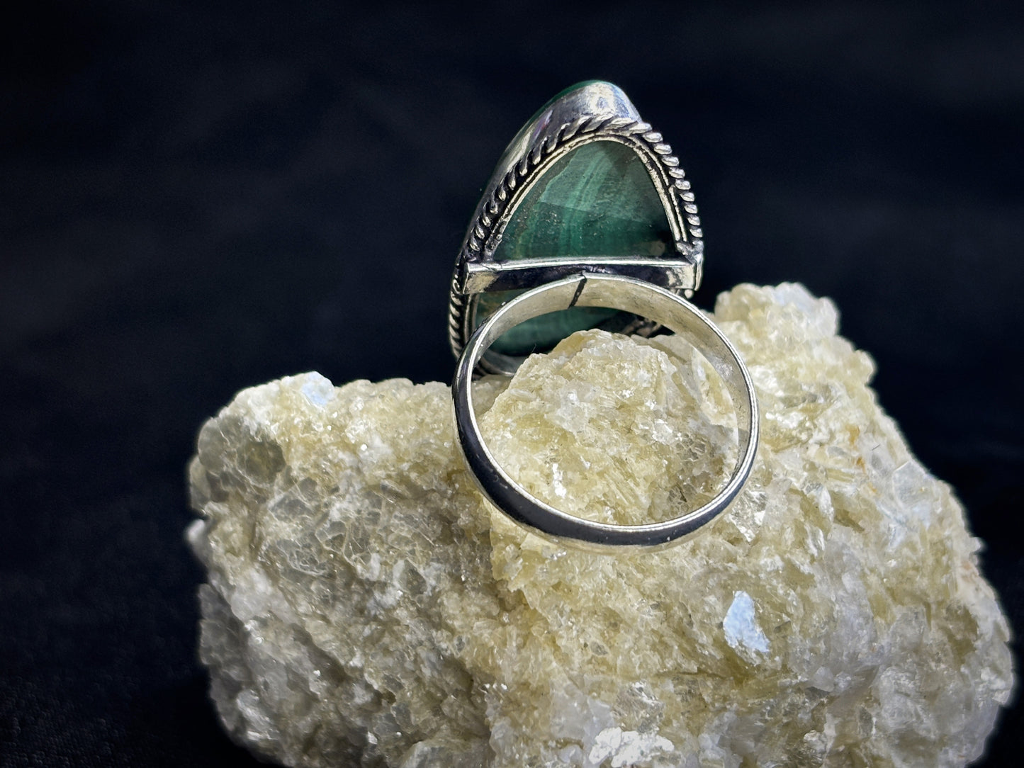 Malachite Sterling Silver Crystal Ring, Size 9