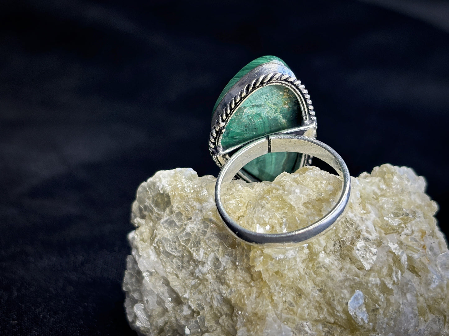 Malachite Sterling Silver Crystal Ring, Size 9