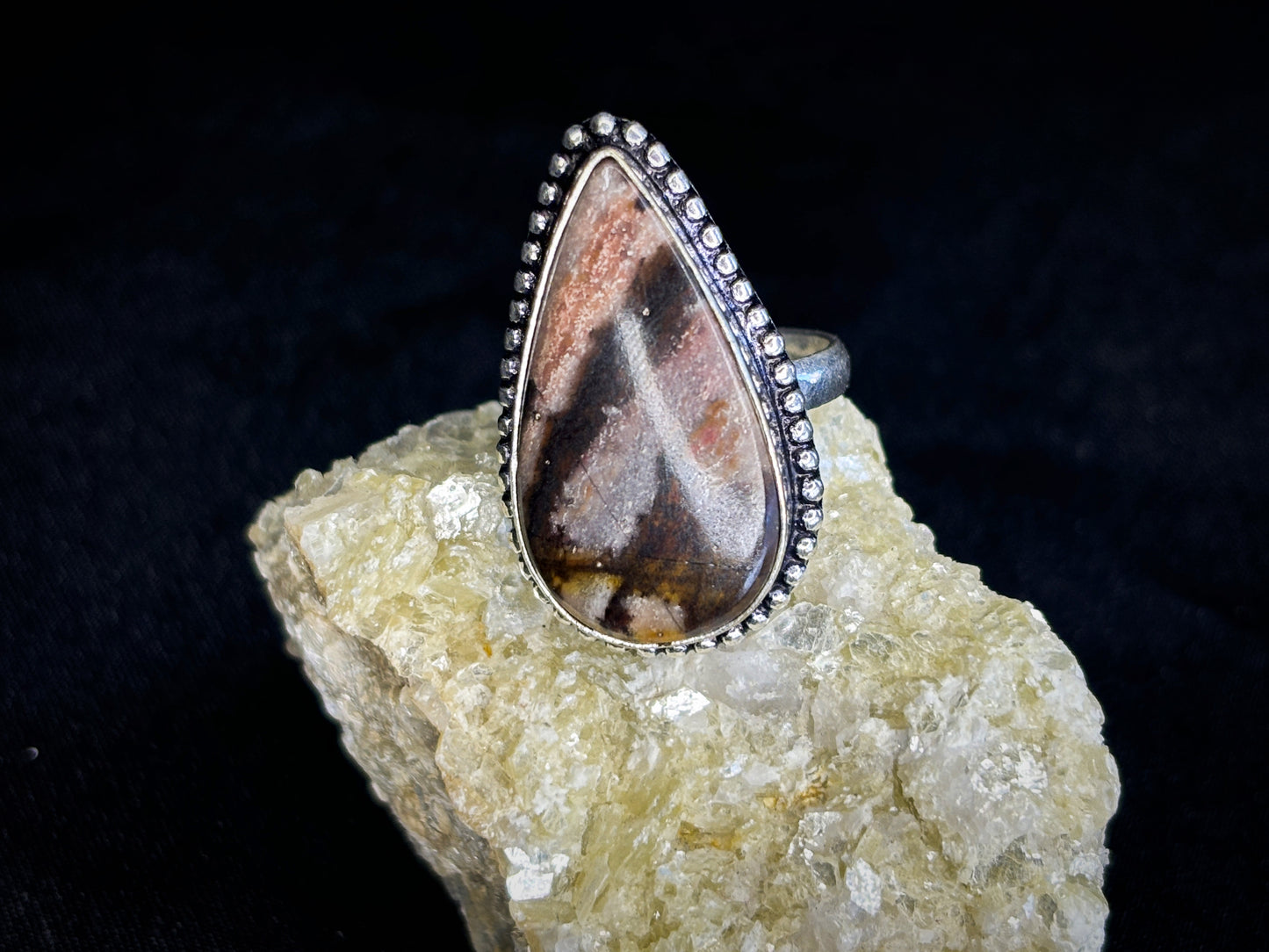 Brown, Pink & Purple Teardrop Agate Sterling Silver Crystal Ring, Size 7.5