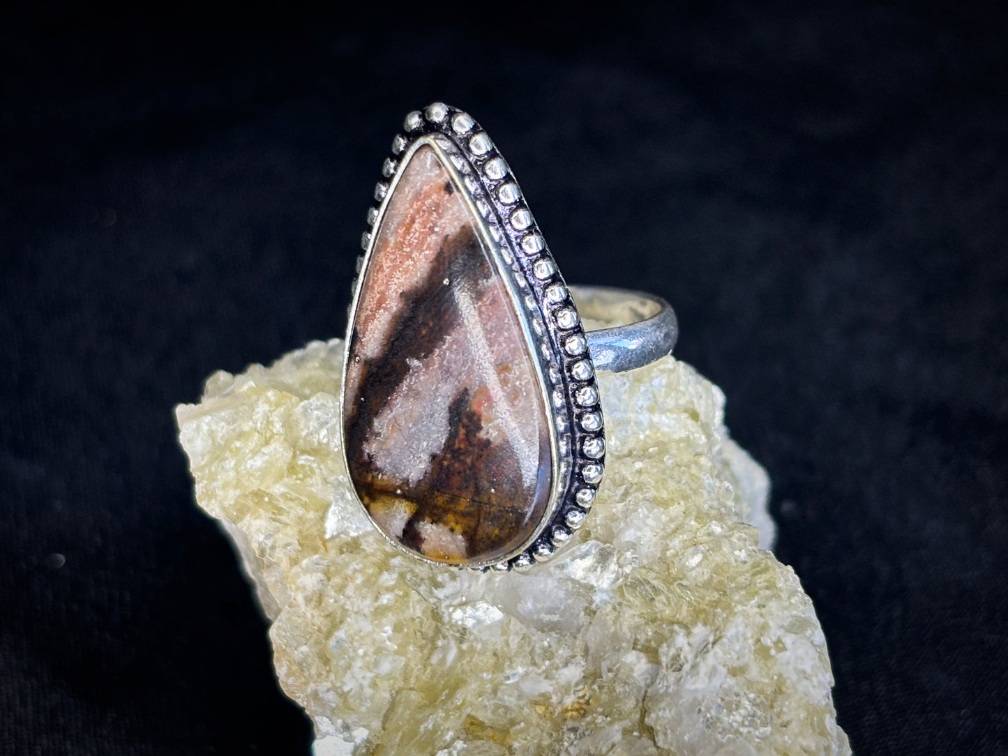 Brown, Pink & Purple Teardrop Agate Sterling Silver Crystal Ring, Size 7.5