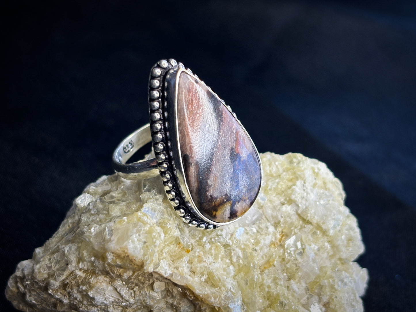 Brown, Pink & Purple Teardrop Agate Sterling Silver Crystal Ring, Size 7.5