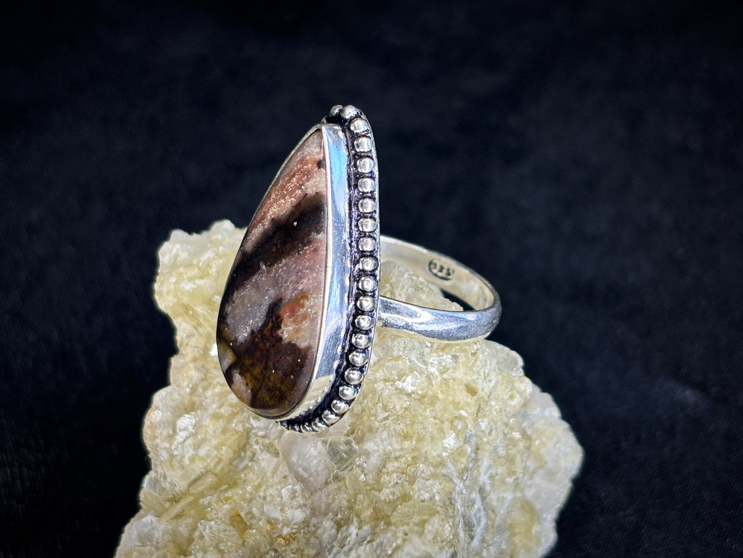 Brown, Pink & Purple Teardrop Agate Sterling Silver Crystal Ring, Size 7.5