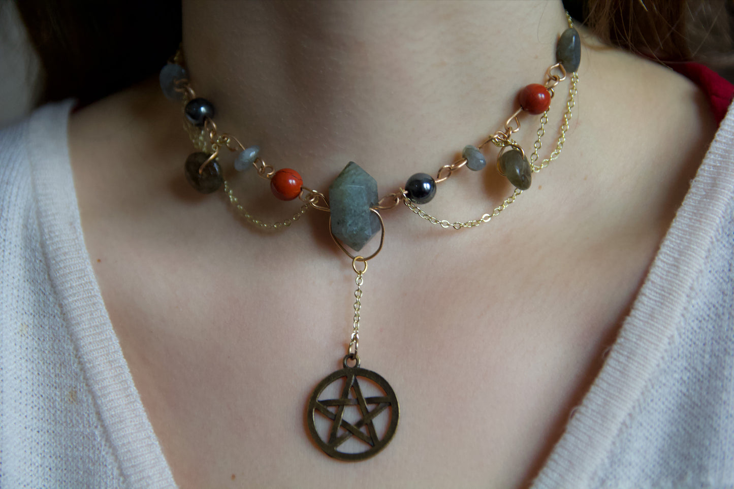 Gold Crystal Pentagram Statement Choker Necklace