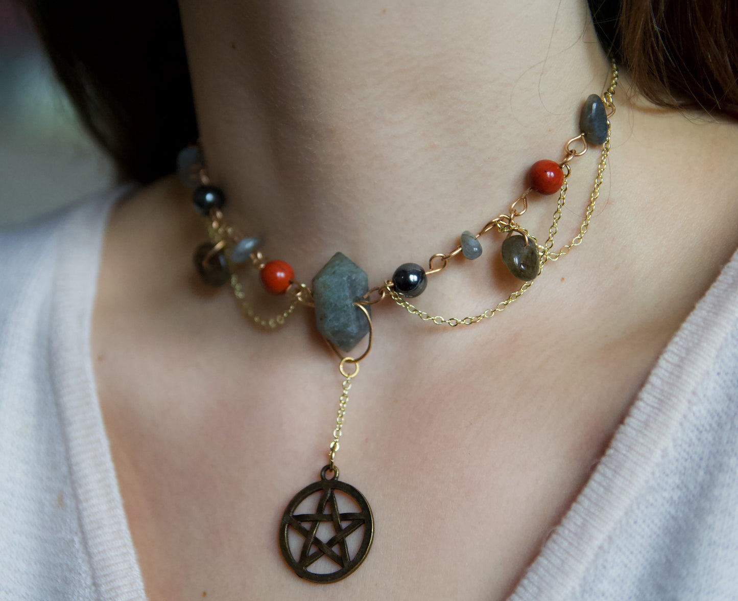 Gold Crystal Pentagram Statement Choker Necklace