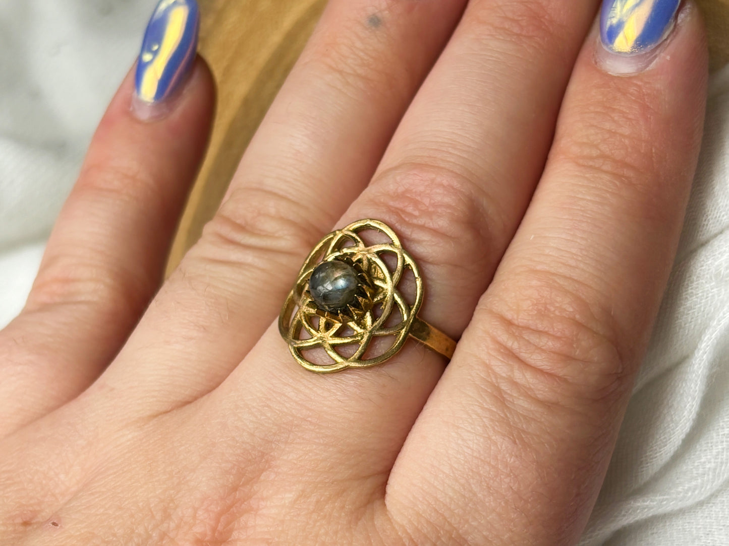 Geometric Gold Labradorite Crystal Ring, Size 6.5