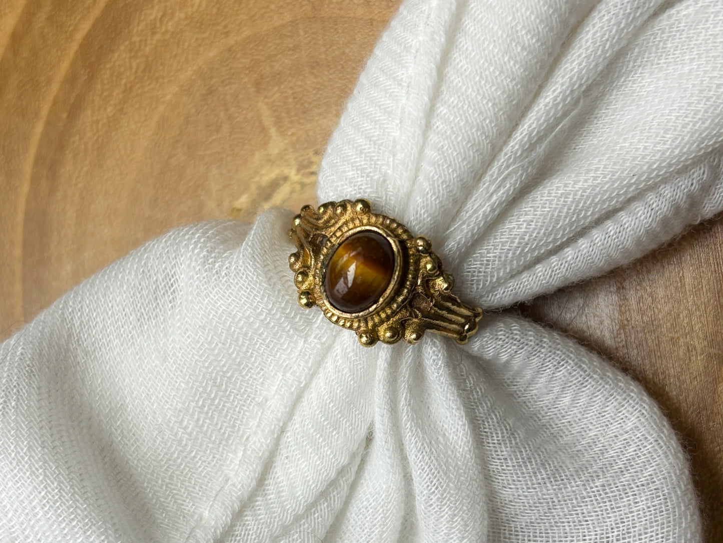 Gold Ornate Tigers Eye Crystal Ring, Size 7