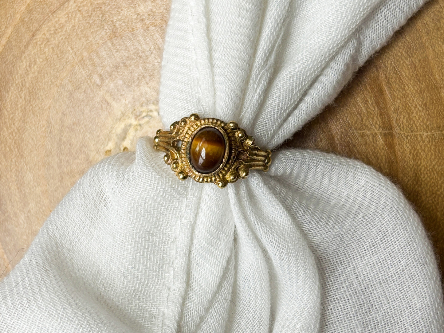Gold Ornate Tigers Eye Crystal Ring, Size 7