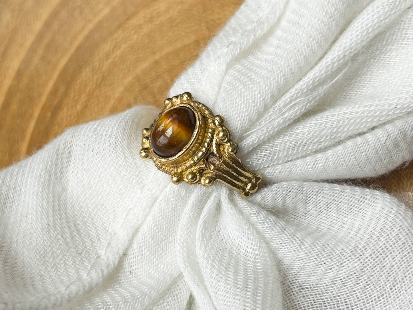 Gold Ornate Tigers Eye Crystal Ring, Size 7