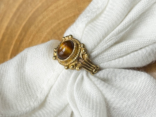 Gold Ornate Tigers Eye Crystal Ring, Size 7