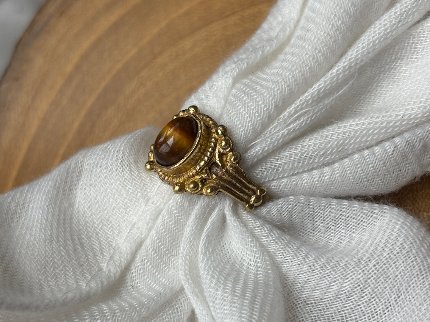 Gold Ornate Tigers Eye Crystal Ring, Size 7