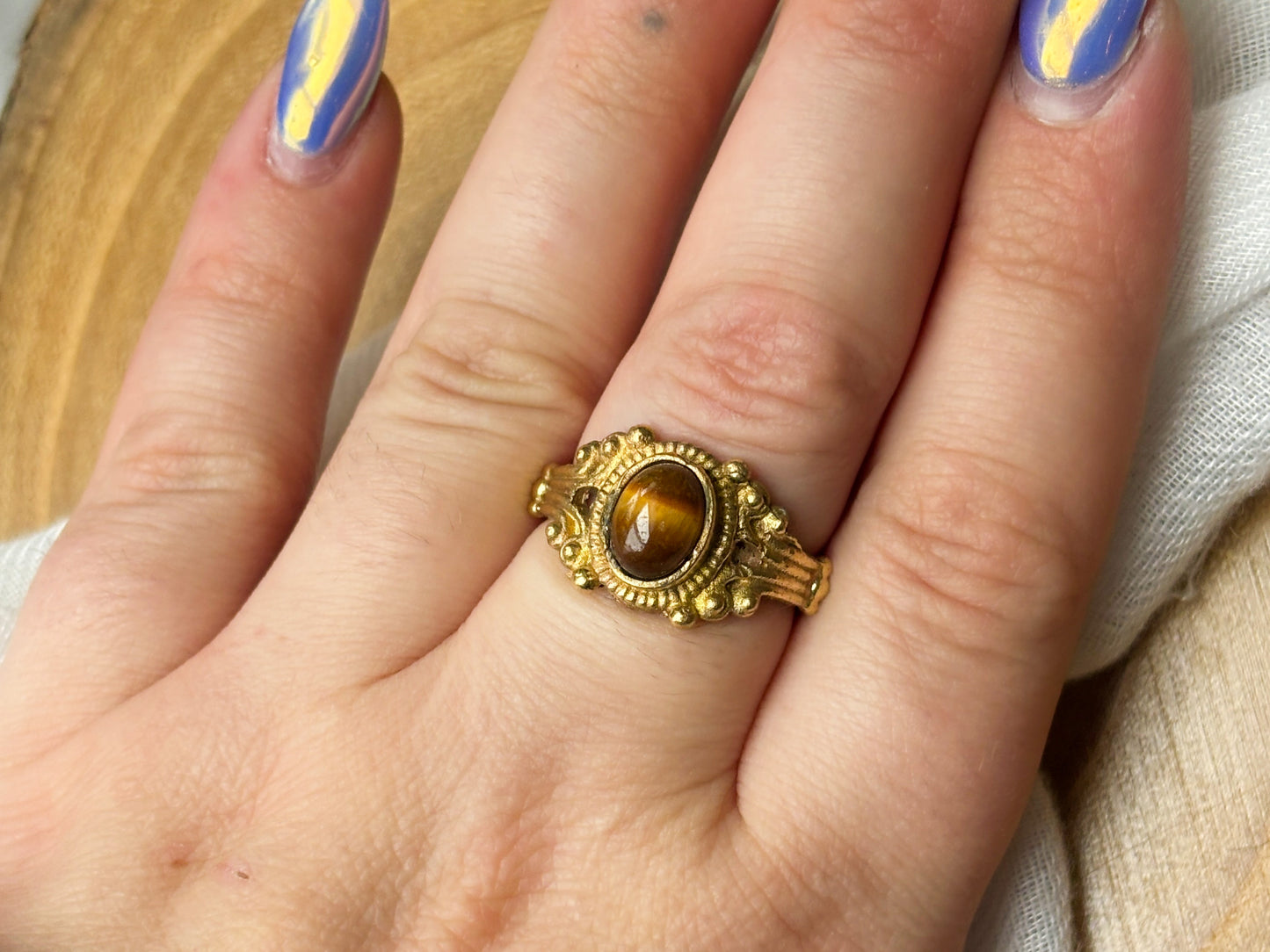 Gold Ornate Tigers Eye Crystal Ring, Size 7