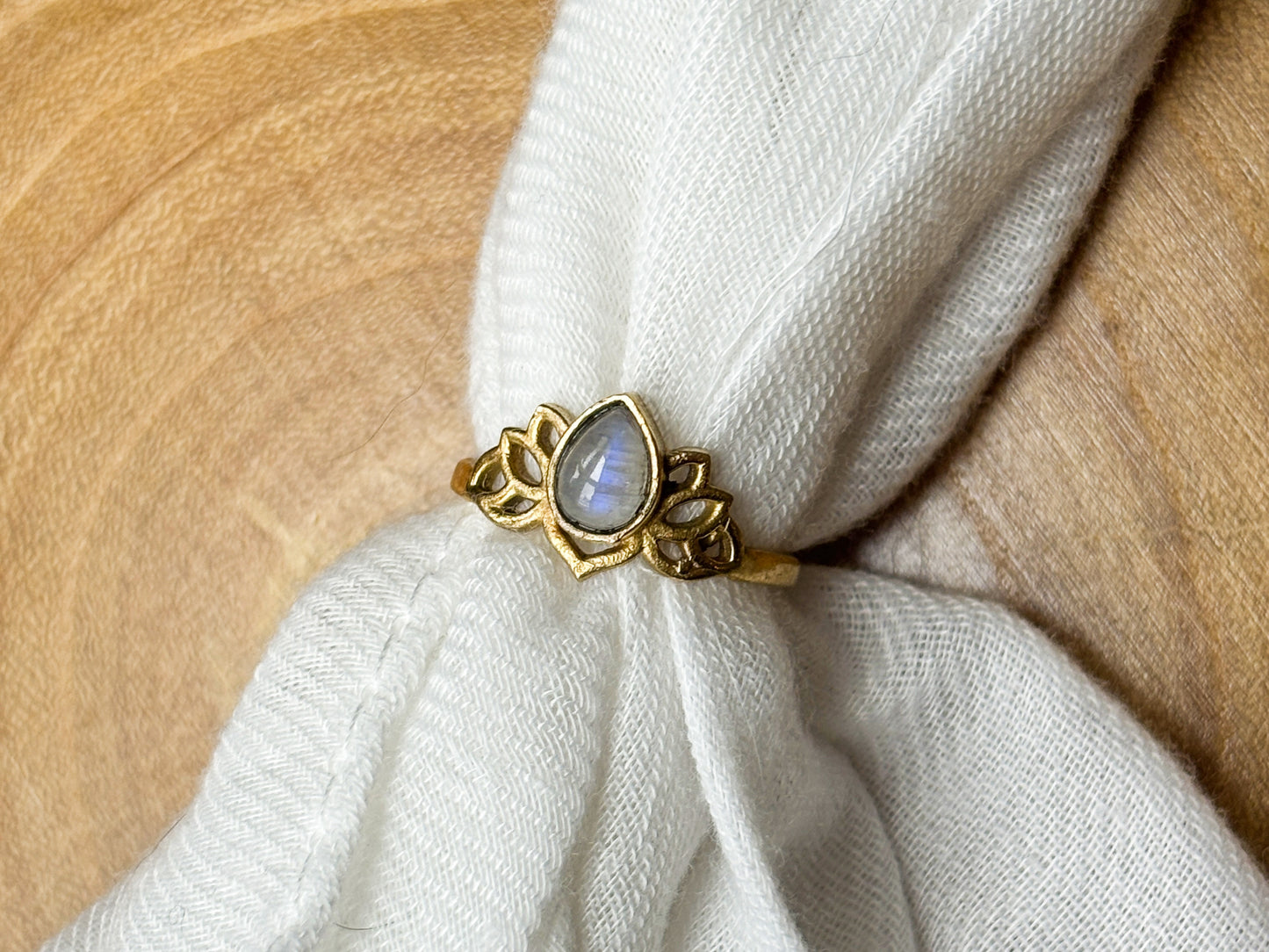 Moonstone Crystal Gold Plated Lotus Ring, Size 7.5