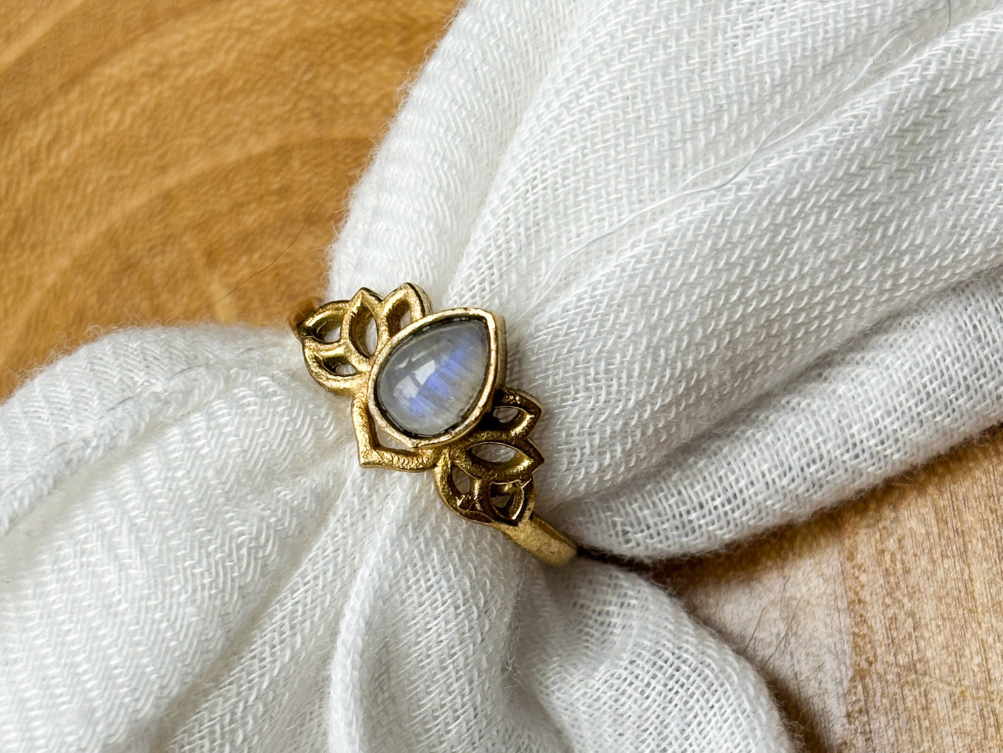 Moonstone Crystal Gold Plated Lotus Ring, Size 7.5