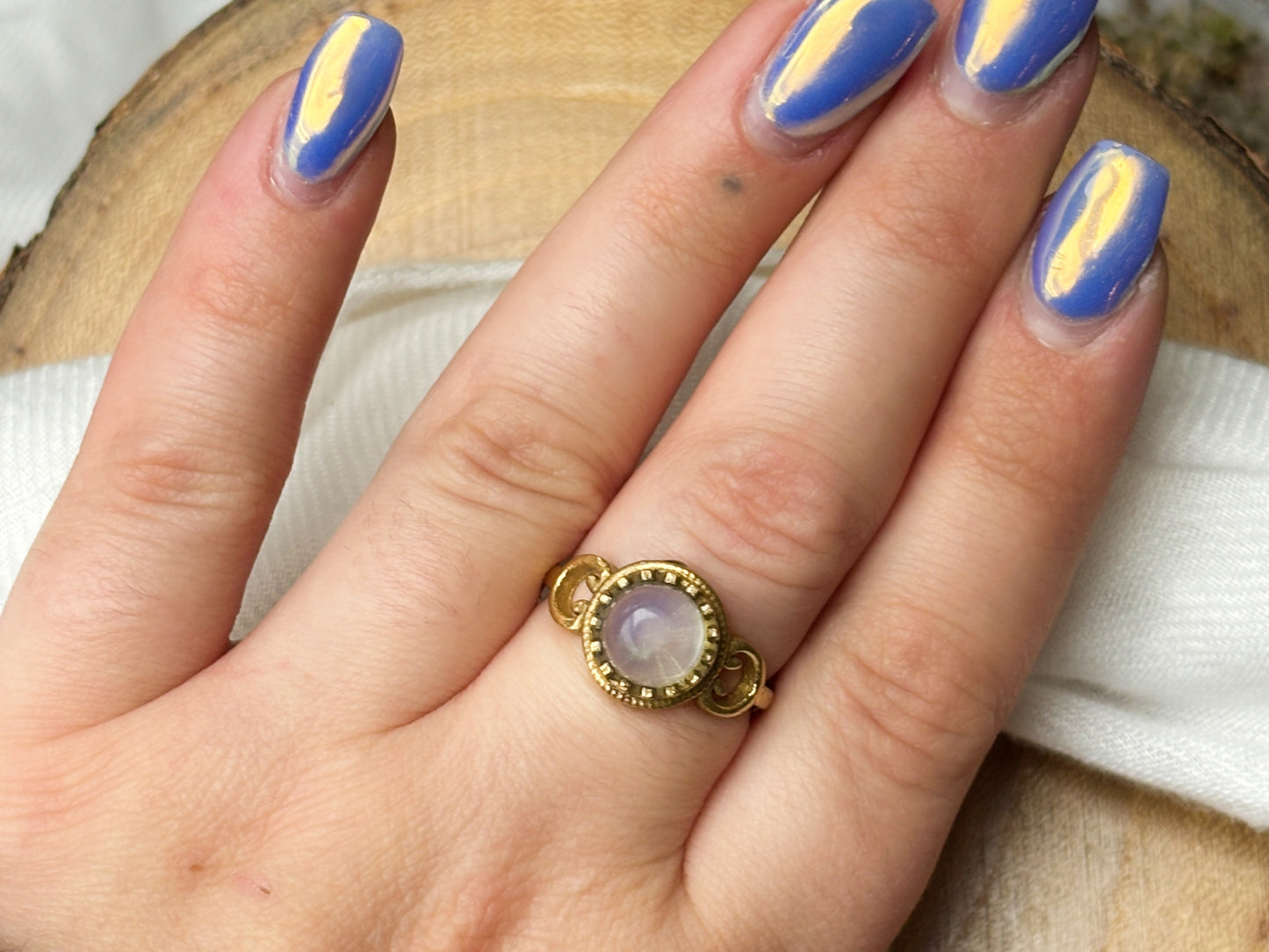 Gold Round Ornate Moonstone Ring, Size 7