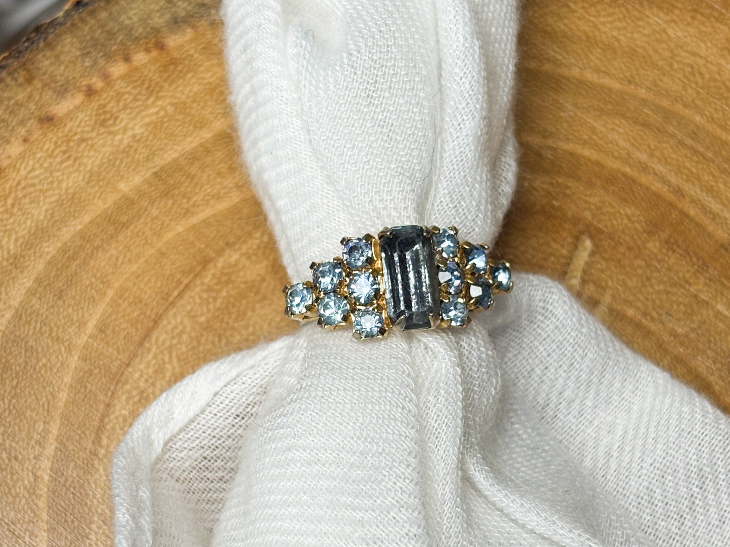 Gold Vintage Blue Emerald & Round Cut Crystal Statement Ring, Adjustable